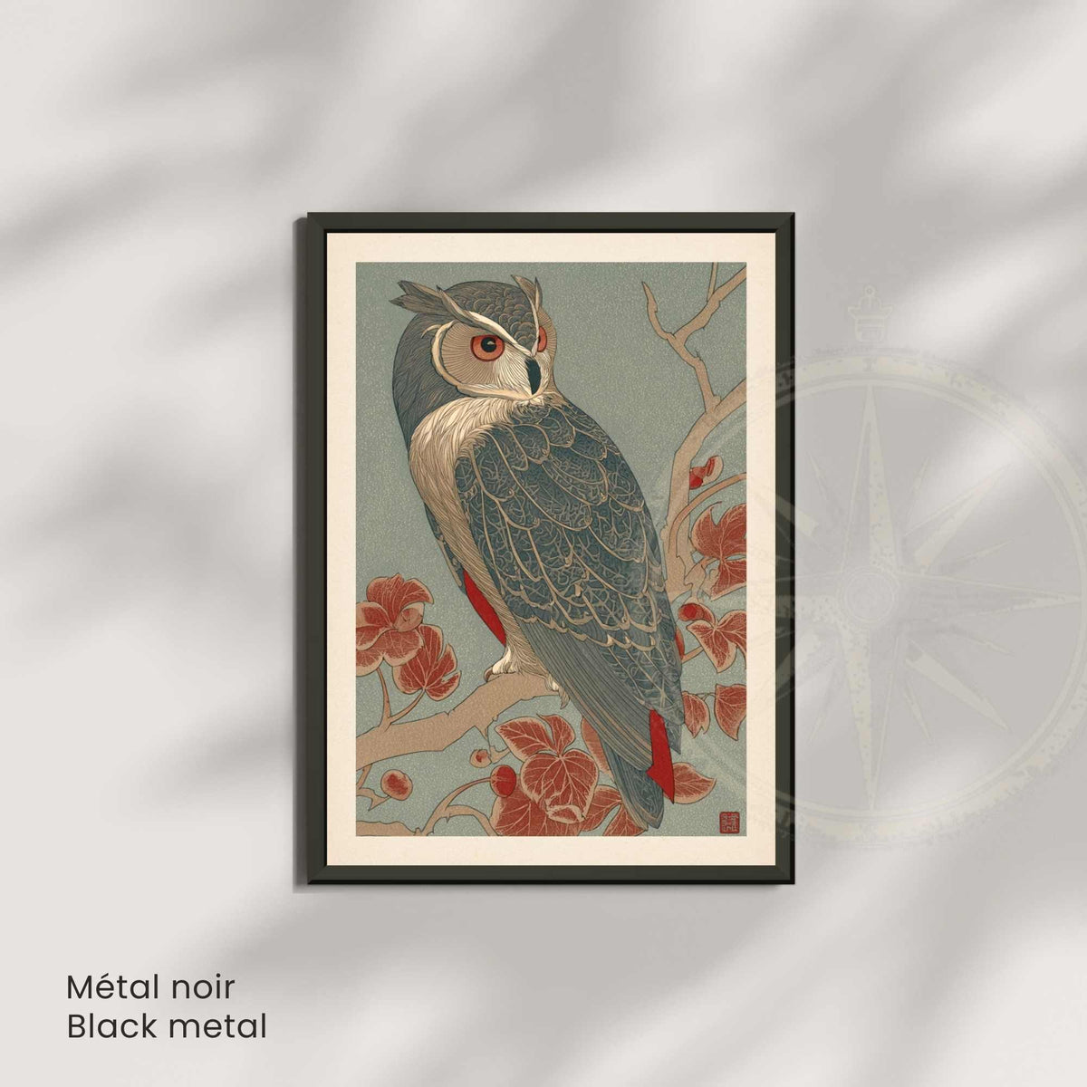 Affiche hibou japonais clair de lune, art mural estampe ukiyo-e traditionnel