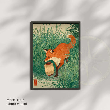 Affiche renard japonais avec lanterne, poster nature vintage, art mural inspiration ukiyo-e