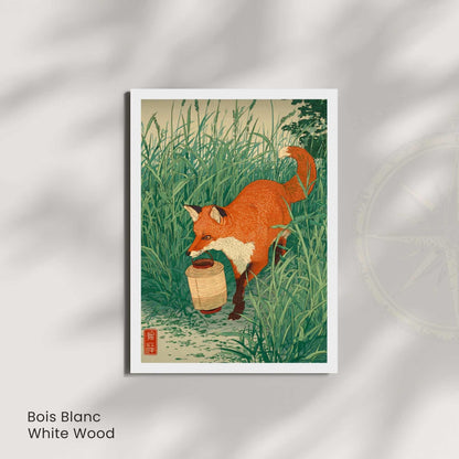 Affiche renard japonais avec lanterne, poster nature vintage, art mural inspiration ukiyo-e