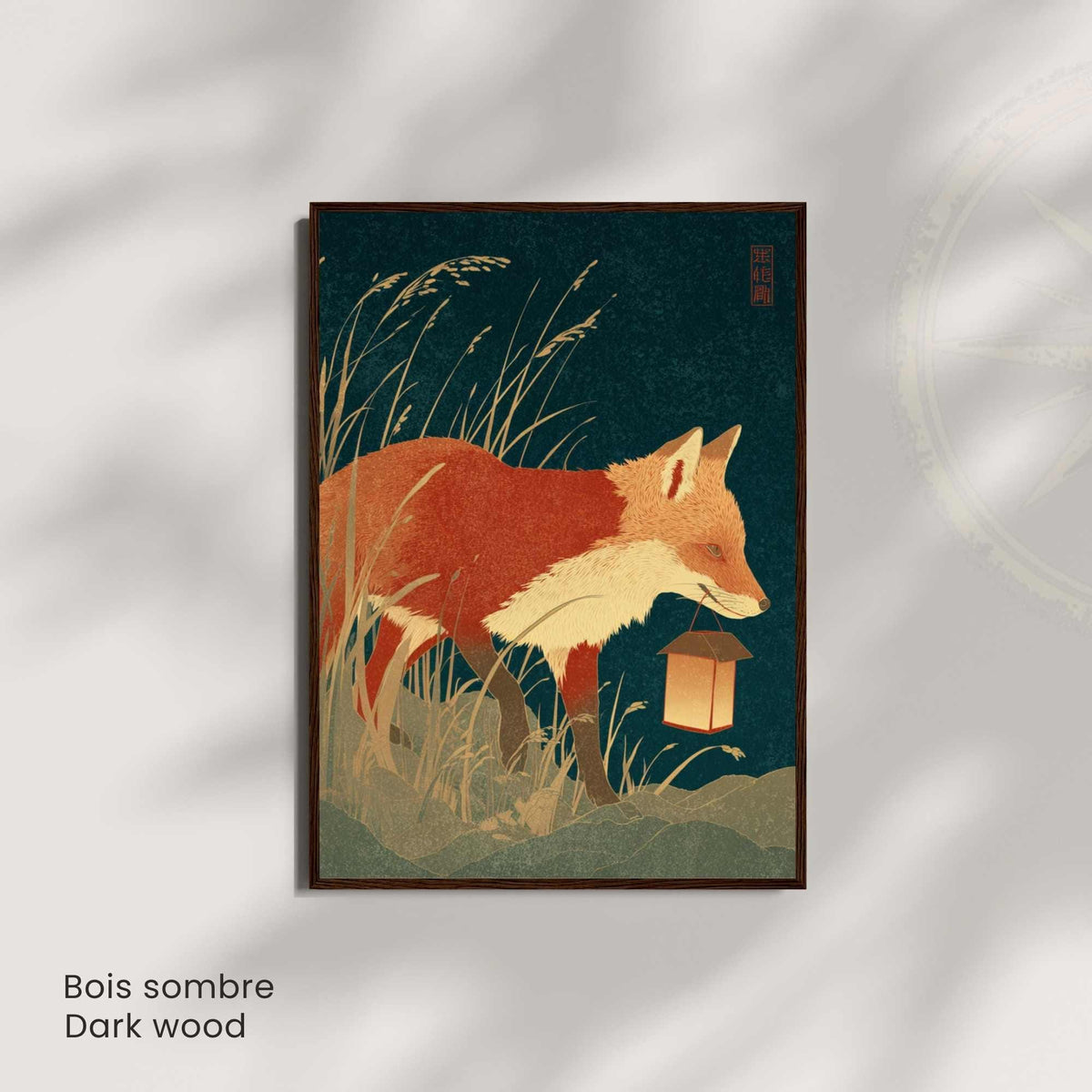 Affiche renard à la lanterne, poster nocturne bleu nuit, illustration japonaise vintage
