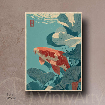 Affiche carpe koi et lotus, poster japonais turquoise, art mural zen inspiration estampe