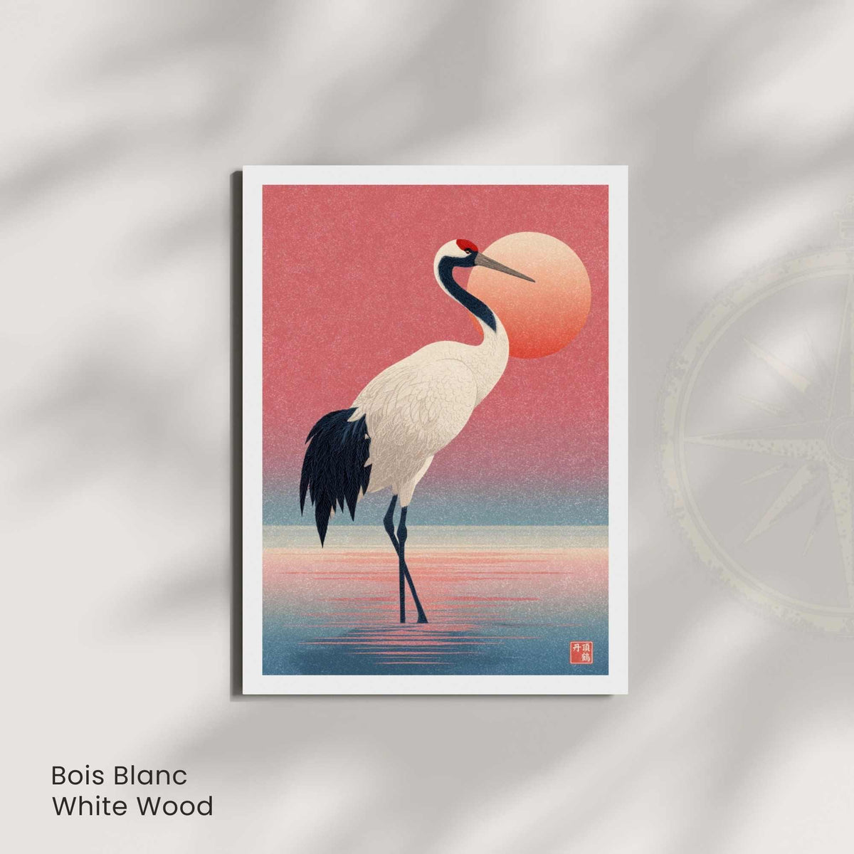 Affiche grue à couronne rouge, poster japonais rose, décoration murale zen oiseau et soleil