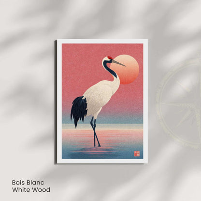 Affiche grue à couronne rouge, poster japonais rose, décoration murale zen oiseau et soleil