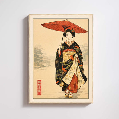 Affiche femme japonaise en kimono, ombrelle rouge, art mural vintage inspiration estampe