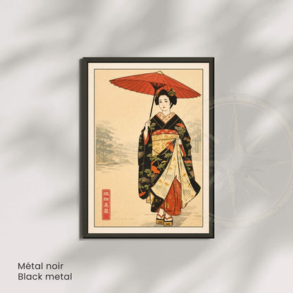 Affiche femme japonaise en kimono, ombrelle rouge, art mural vintage inspiration estampe