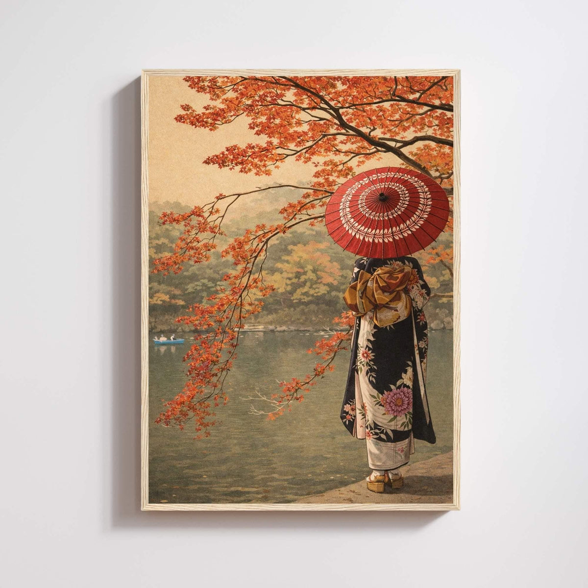 Affiche automne japonais au lac, femme en kimono de dos, ombrelle rouge et érables