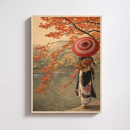 Affiche automne japonais au lac, femme en kimono de dos, ombrelle rouge et érables