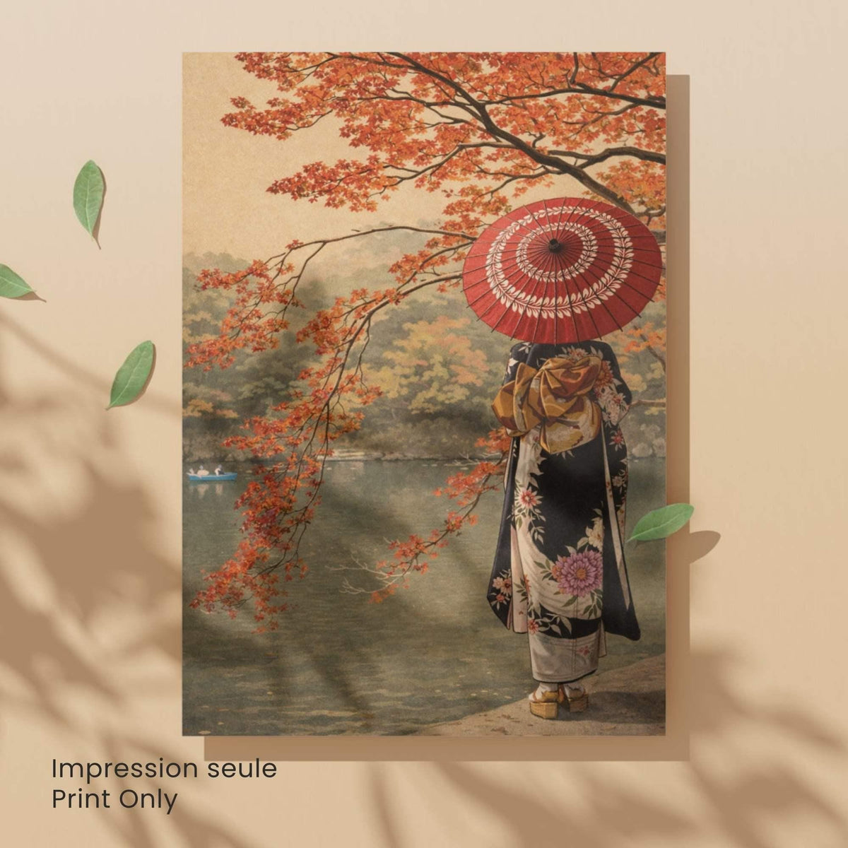Affiche automne japonais au lac, femme en kimono de dos, ombrelle rouge et érables