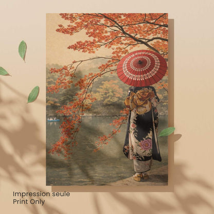 Affiche automne japonais au lac, femme en kimono de dos, ombrelle rouge et érables