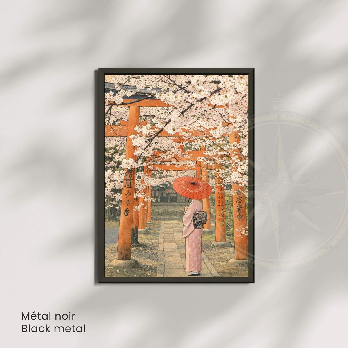 Affiche japonaise sakura et torii, femme en kimono avec ombrelle rouge, poster vintage Kyoto