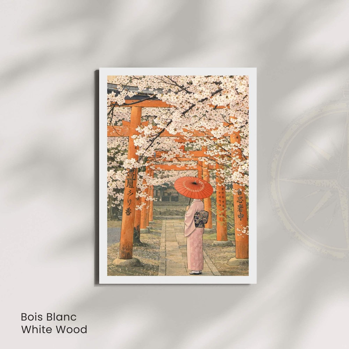 Affiche japonaise sakura et torii, femme en kimono avec ombrelle rouge, poster vintage Kyoto