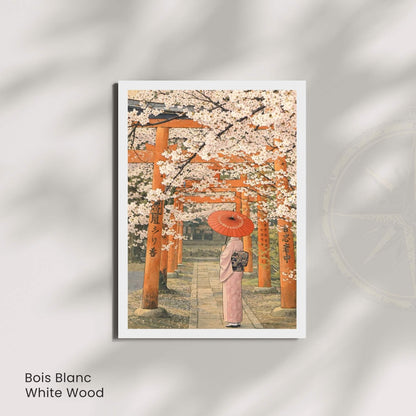 Affiche japonaise sakura et torii, femme en kimono avec ombrelle rouge, poster vintage Kyoto