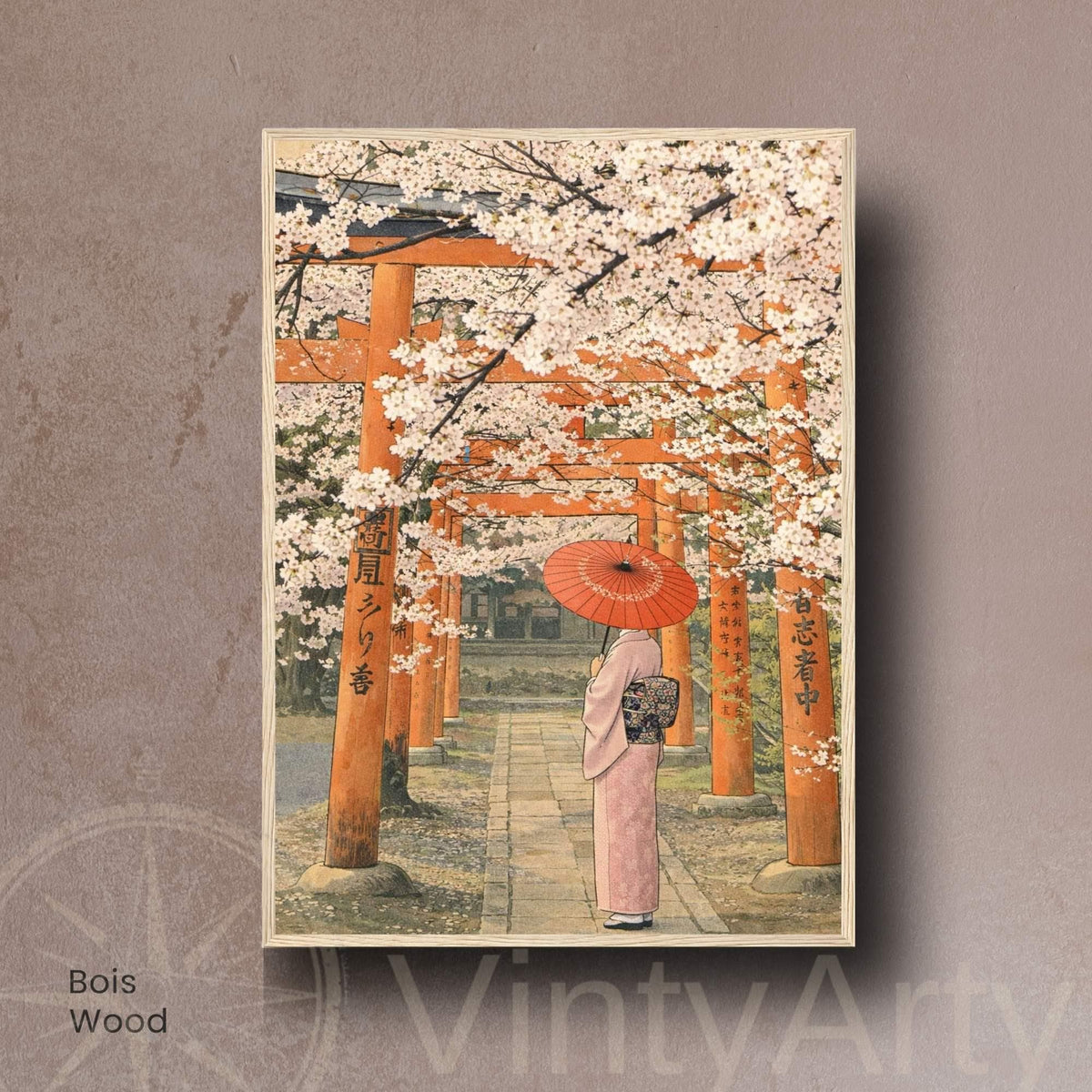 Affiche japonaise sakura et torii, femme en kimono avec ombrelle rouge, poster vintage Kyoto