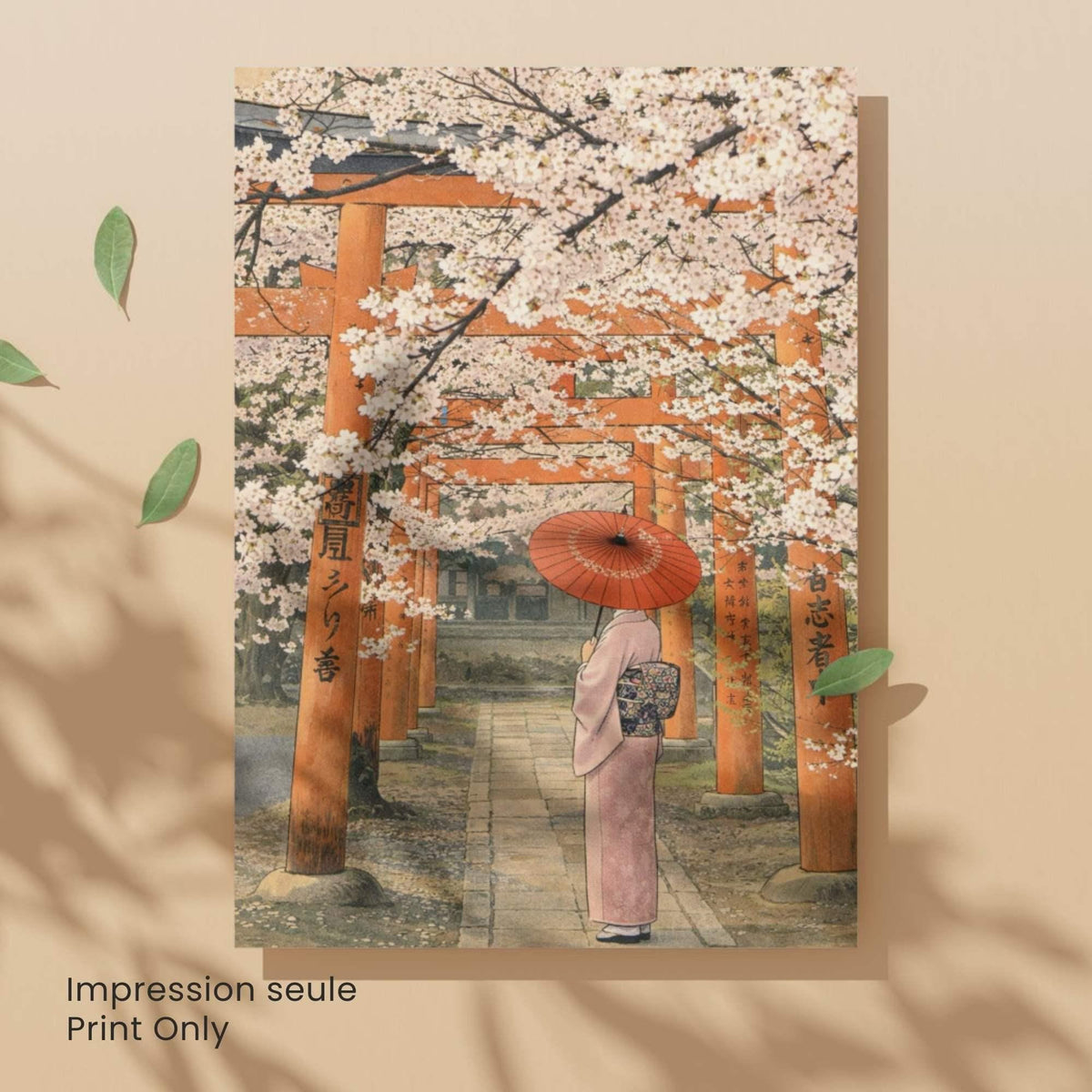 Affiche japonaise sakura et torii, femme en kimono avec ombrelle rouge, poster vintage Kyoto
