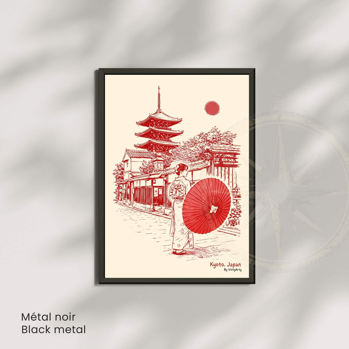 Affiche Kyoto Japon, femme en kimono, ombrelle rouge et pagode, poster vintage