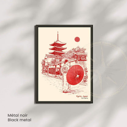Affiche Kyoto Japon, femme en kimono, ombrelle rouge et pagode, poster vintage