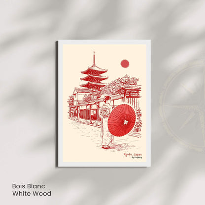 Affiche Kyoto Japon, femme en kimono, ombrelle rouge et pagode, poster vintage