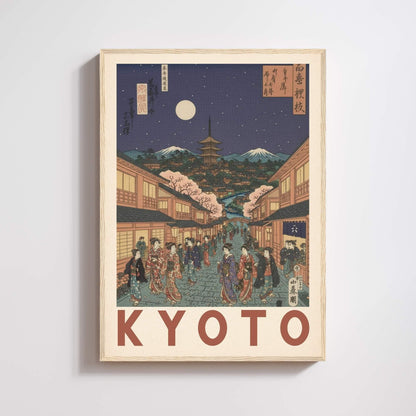 Kyoto night print, geishas on paved street with pagoda full moon cherry blossoms, ukiyo-e travel poster