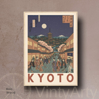 Affiche Kyoto nuit geishas pagode, poster voyage Japon estampe ukiyo-e