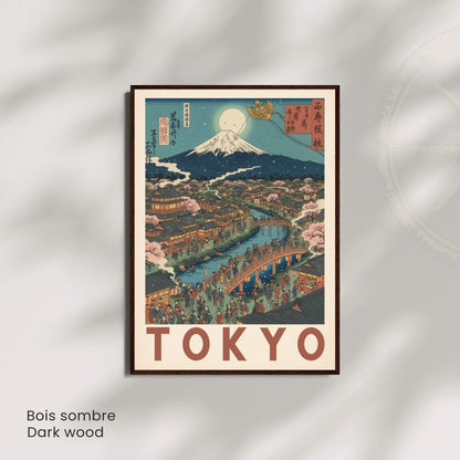 Affiche Tokyo Japon, Mont Fuji et sakura, poster vintage style estampe japonaise