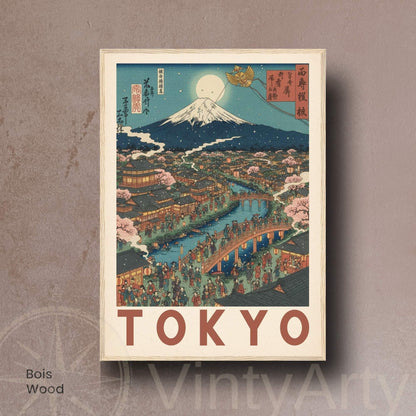Affiche Tokyo Japon, Mont Fuji et sakura, poster vintage style estampe japonaise