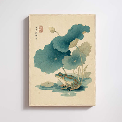 Affiche grenouille japonaise lotus, art mural estampe ukiyo-e nature zen
