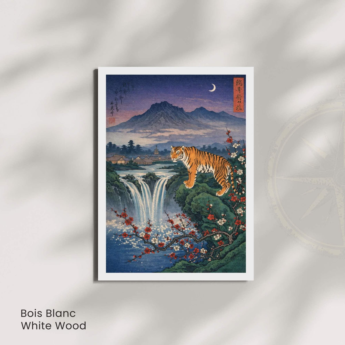 Affiche tigre japonais, cascade et lune, estampe vintage, art mural Japon