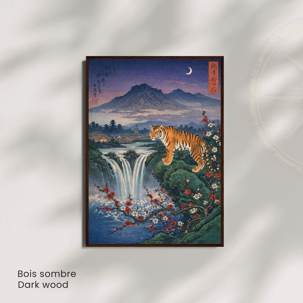 Affiche tigre japonais, cascade et lune, estampe vintage, art mural Japon