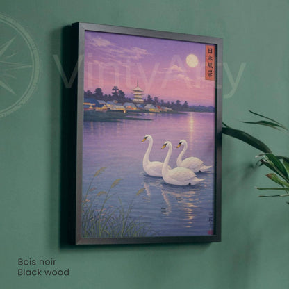 Affiche cygnes japonais lac crépuscule, art mural estampe pagode clair de lune