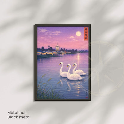 Affiche cygnes japonais lac crépuscule, art mural estampe pagode clair de lune