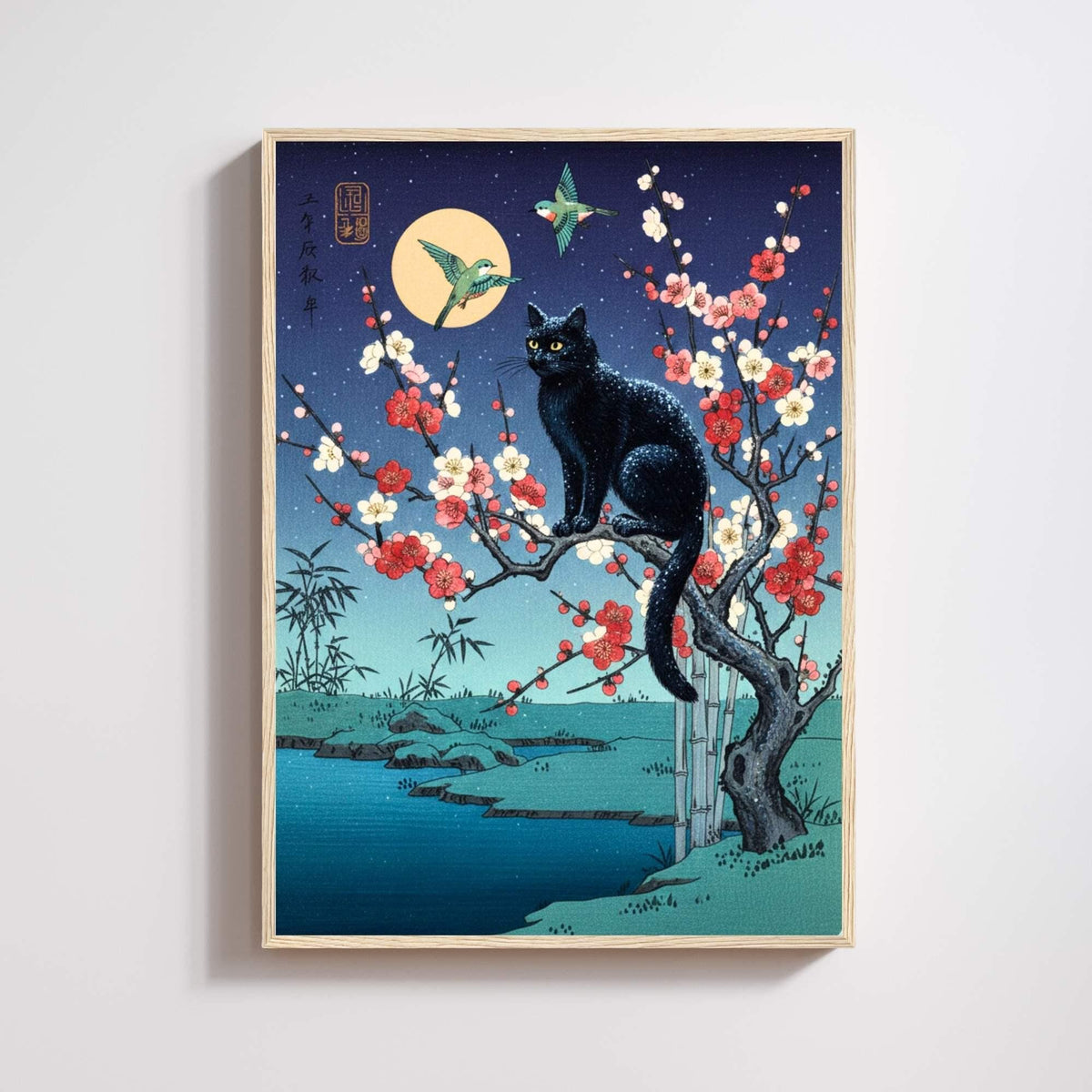 Japanese swan print, three white swans on purple lake with pagoda full moon twilight, ukiyo-e wall art