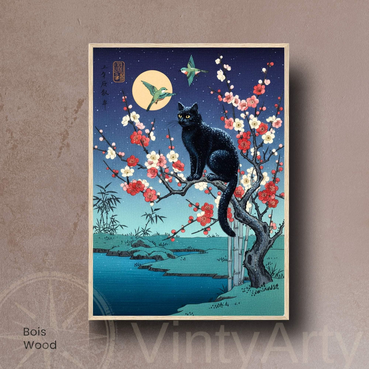 Affiche cygnes japonais lac crépuscule, art mural estampe pagode clair de lune