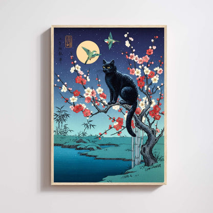 Affiche renard japonais neige clair de lune, art mural estampe ukiyo-e hiver
