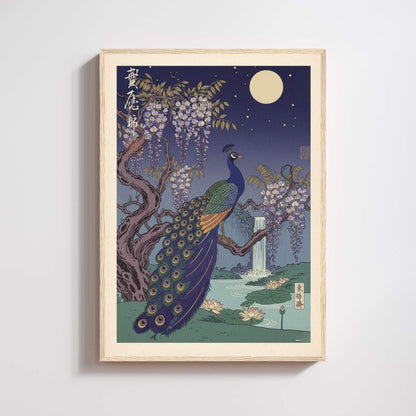 Japanese peacock print, peacock on wisteria branch with waterfall lotus full moon, ukiyo-e wall art