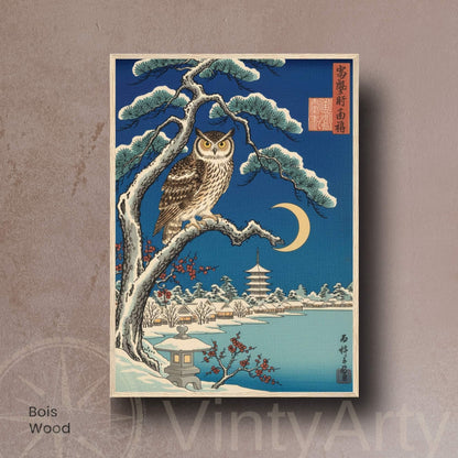 Japanese peacock print, peacock on wisteria branch with waterfall lotus full moon, ukiyo-e wall art