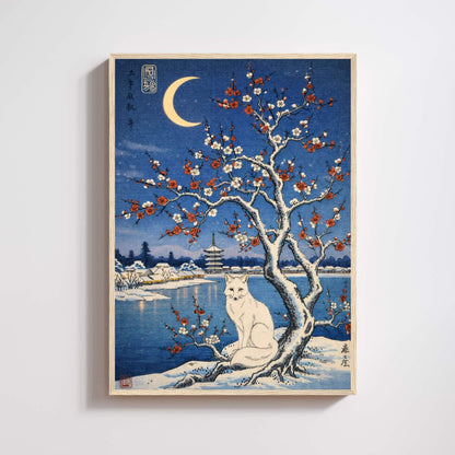 Affiche renard blanc japonais prunier neige, art mural estampe ukiyo-e hiver lune