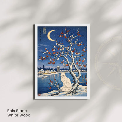 Affiche renard blanc japonais prunier neige, art mural estampe ukiyo-e hiver lune