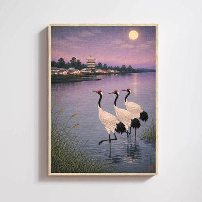 Poster vintage avec grues à couronne rouge, pleine lune, lac calme et paysage japonais