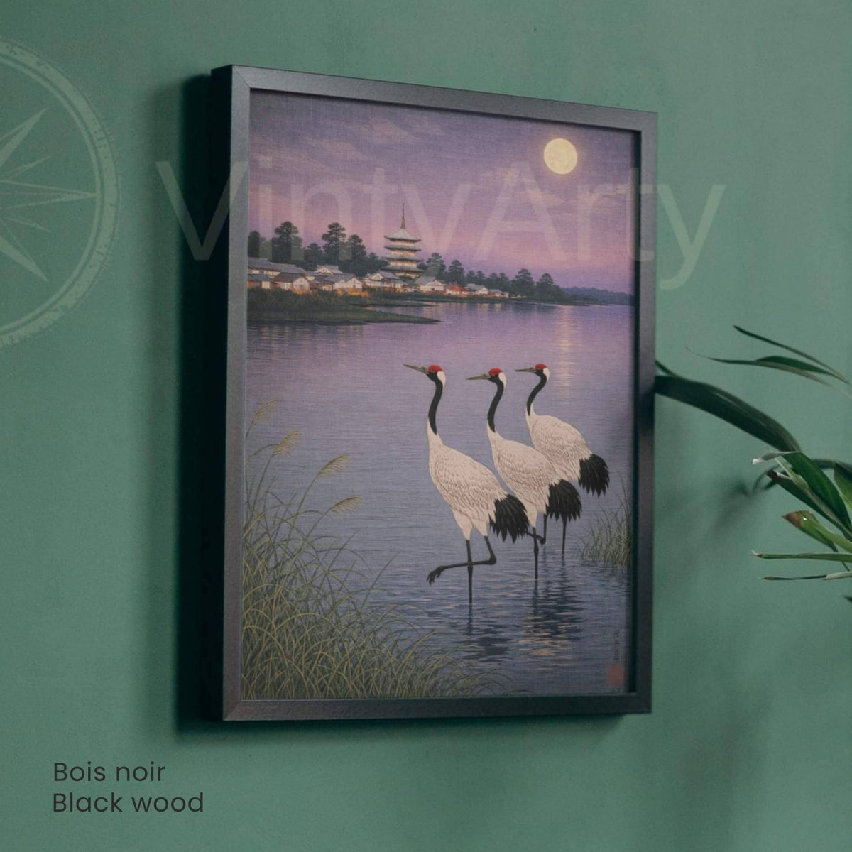 Affiche grues japonaises au clair de lune, lac et pagode, art mural zen vintage