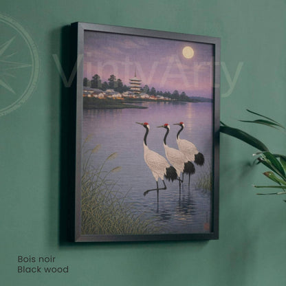 Affiche grues japonaises au clair de lune, lac et pagode, art mural zen vintage