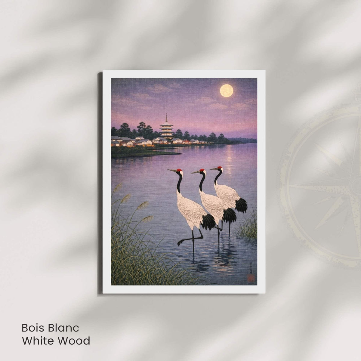 Affiche grues japonaises au clair de lune, lac et pagode, art mural zen vintage