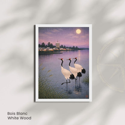 Affiche grues japonaises au clair de lune, lac et pagode, art mural zen vintage