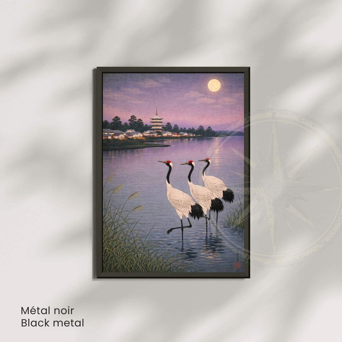 Affiche grues japonaises au clair de lune, lac et pagode, art mural zen vintage