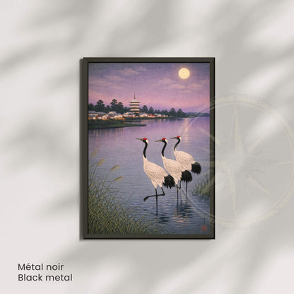 Affiche grues japonaises au clair de lune, lac et pagode, art mural zen vintage
