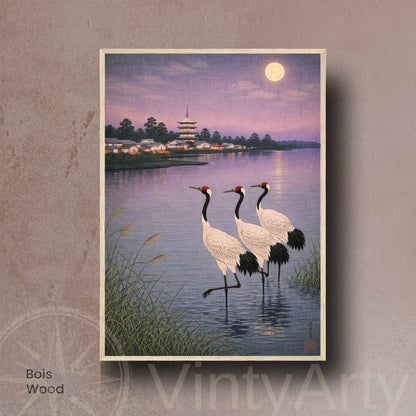 Affiche grues japonaises au clair de lune, lac et pagode, art mural zen vintage