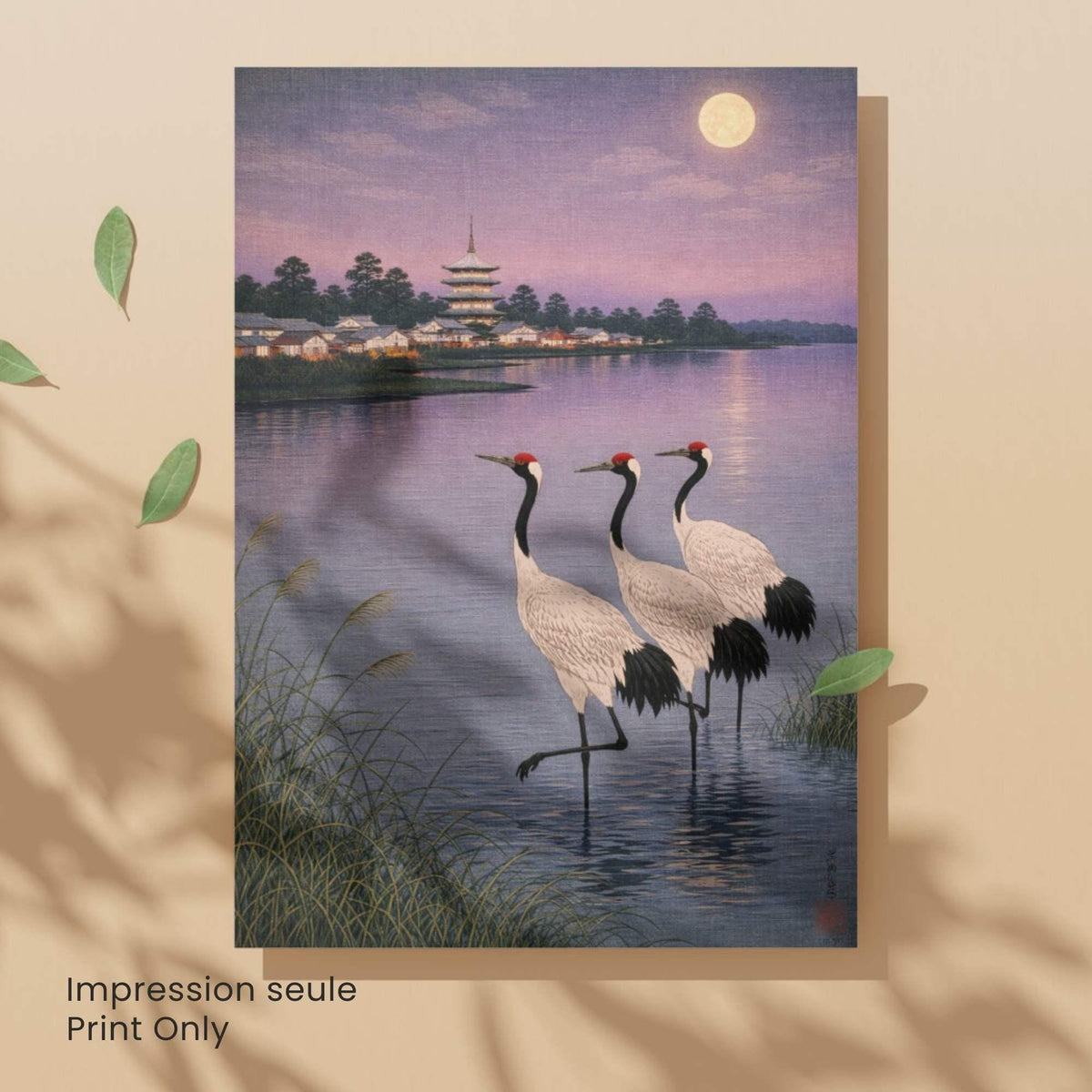 Affiche grues japonaises au clair de lune, lac et pagode, art mural zen vintage