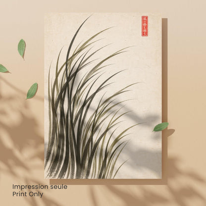 Affiche herbes dans le vent encre japonaise, art mural sumi-e minimaliste fond crème