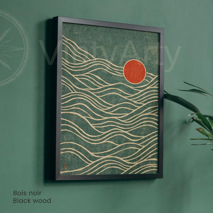 Japanese green wave poster red sun, cream lines grainy green ground red seal, natural wood frame japandi