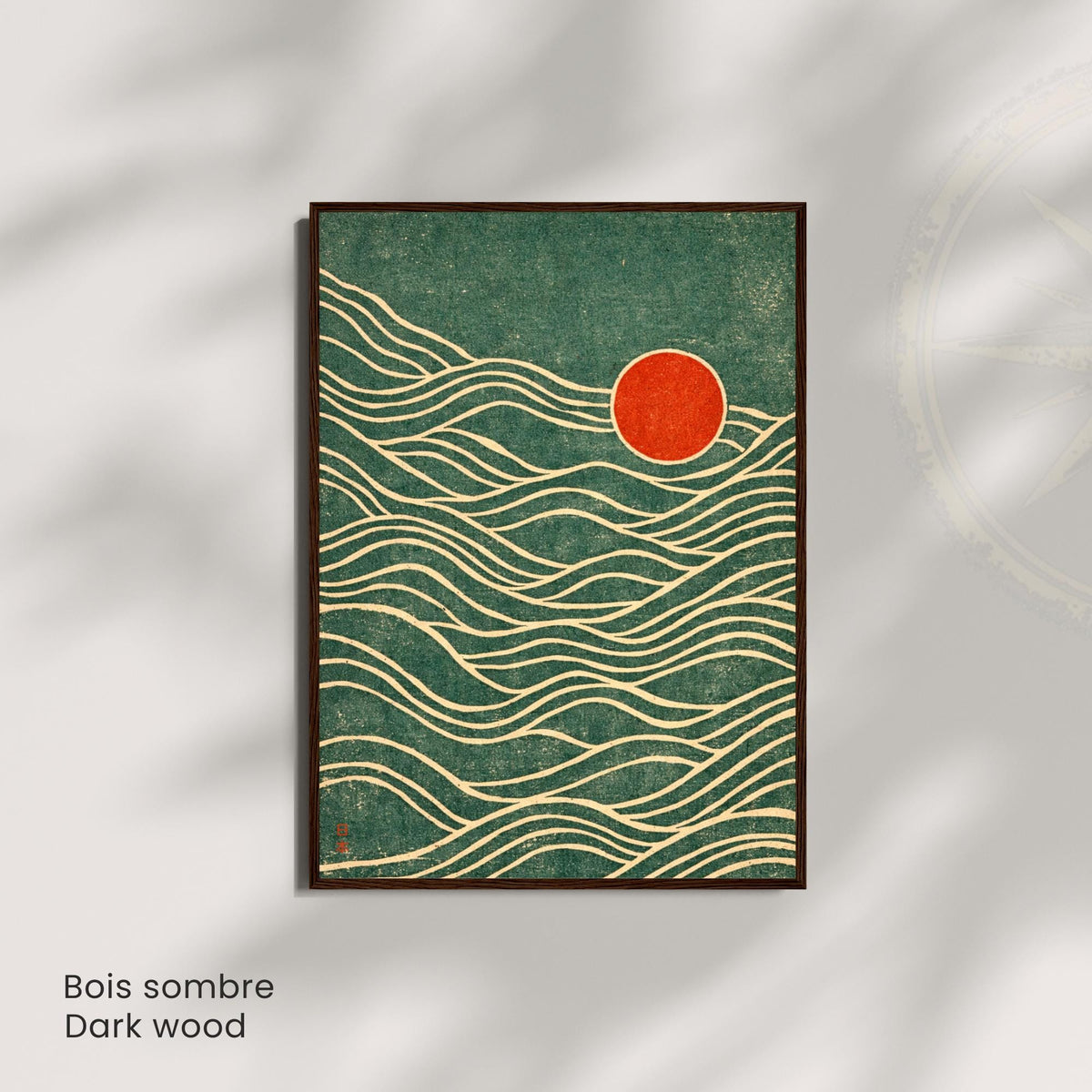 Affiche vagues japonaises vert soleil rouge, art mural estampe vintage texturée