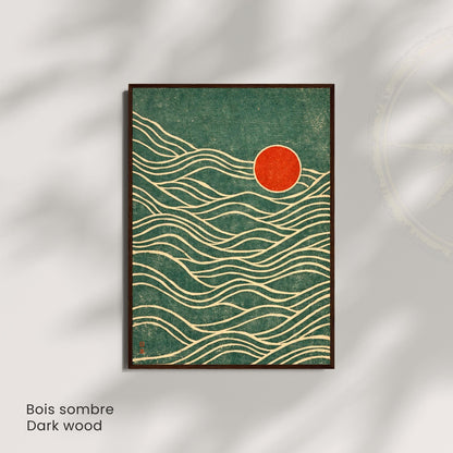 Affiche vagues japonaises vert soleil rouge, art mural estampe vintage texturée
